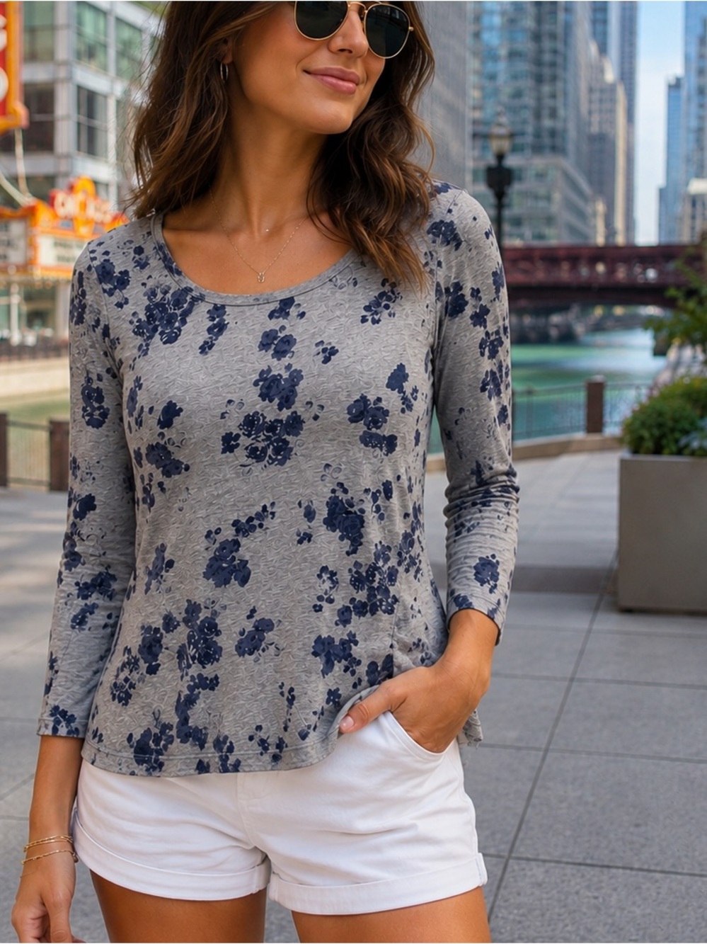 GAP Gray Long-Sleeve Scoop Neck Top with Navy Floral Print